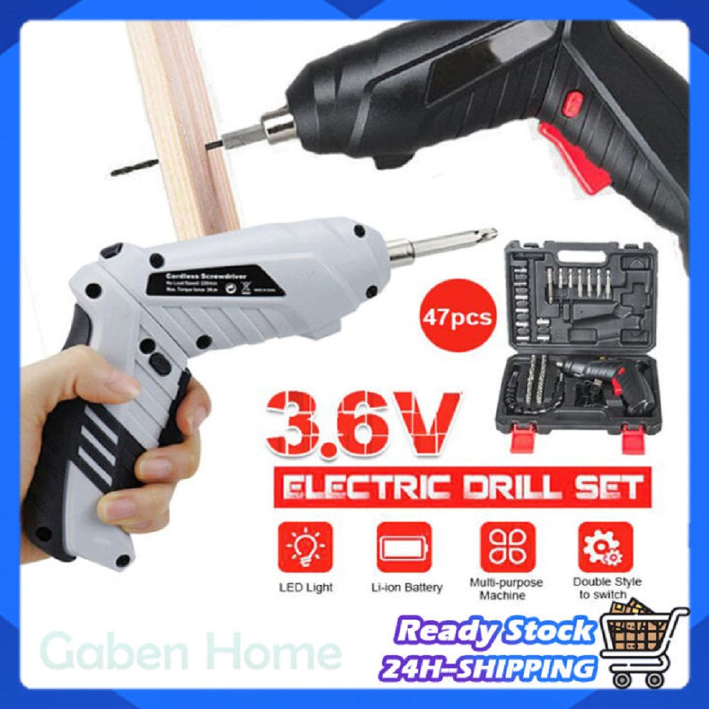 47Pcs Cordless Screwdriver 3.6V Electric Drill Machine Rechargeable Drill Screwdriver Tools Set LED Light Household Hand Drill Power Driver Bit Full Set