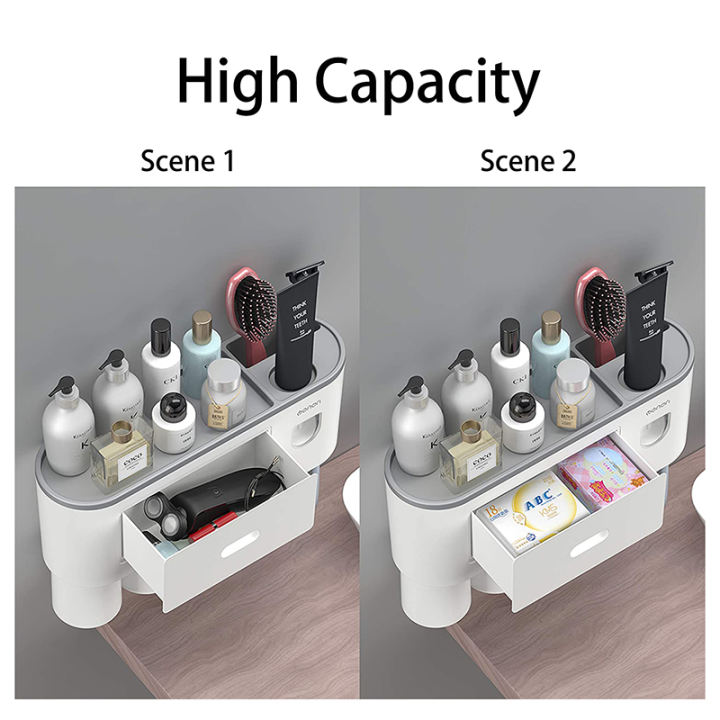 Automatic Toothbrush Holder Bathroom Storage Rack Magnetic Squeeze Toothpaste Dispenser Mouthwash Cup