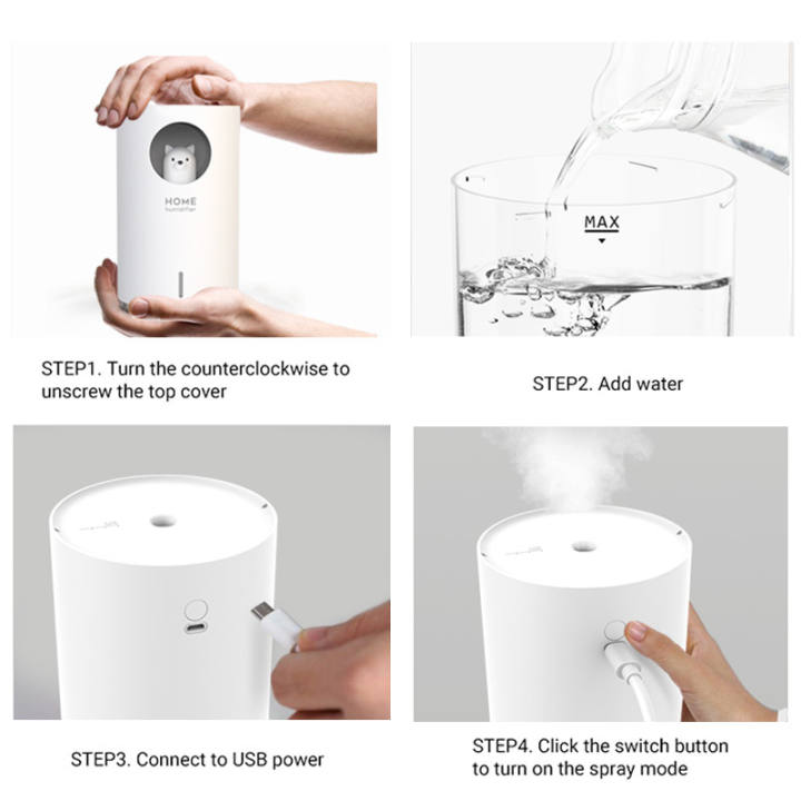 Mini Humidifier USB Bear 700ML Large Capacity Air Spray Night Light Bedroom Quiet Portable Desk Humidifier