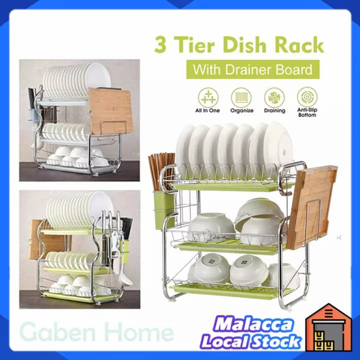 3-Tier Dish Drying Rack Kitchen Storage Shelf with Drain Board