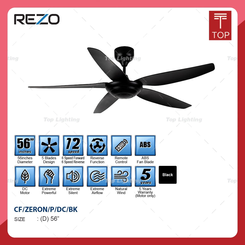 Rezo Zeron Plus 56" Matteblack DC Motor 12speed Remote Control Ceiling Fan