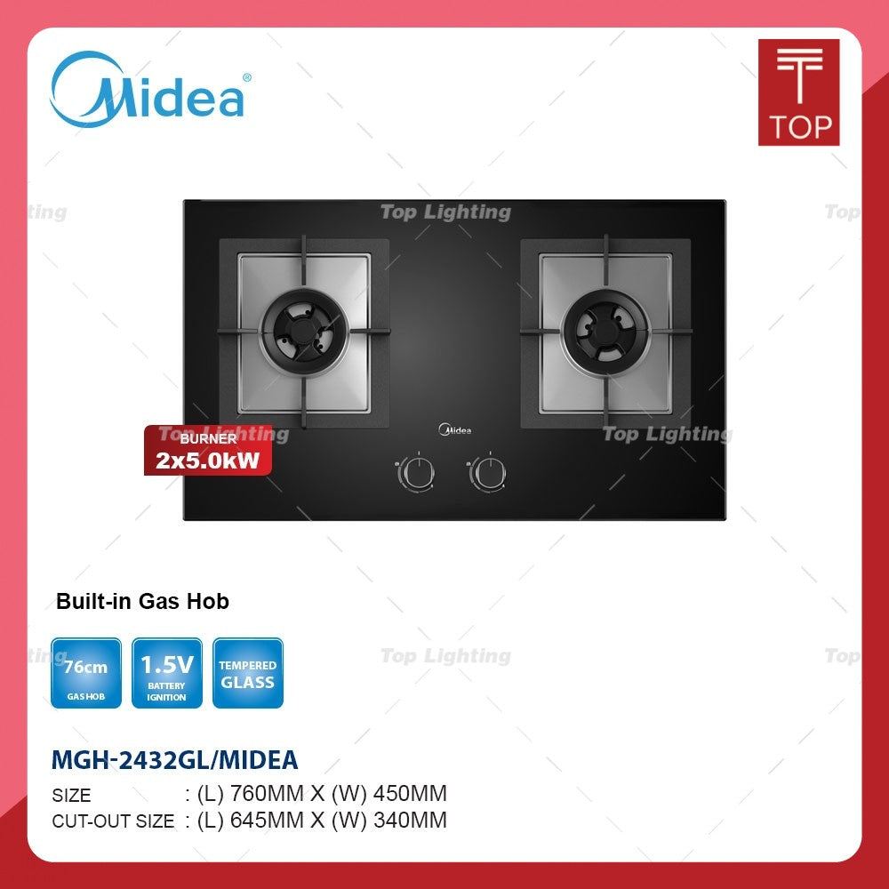 Midea MGH-2432GL 5.0KW Double Burner Built-in Tempered Glass Gas Hob