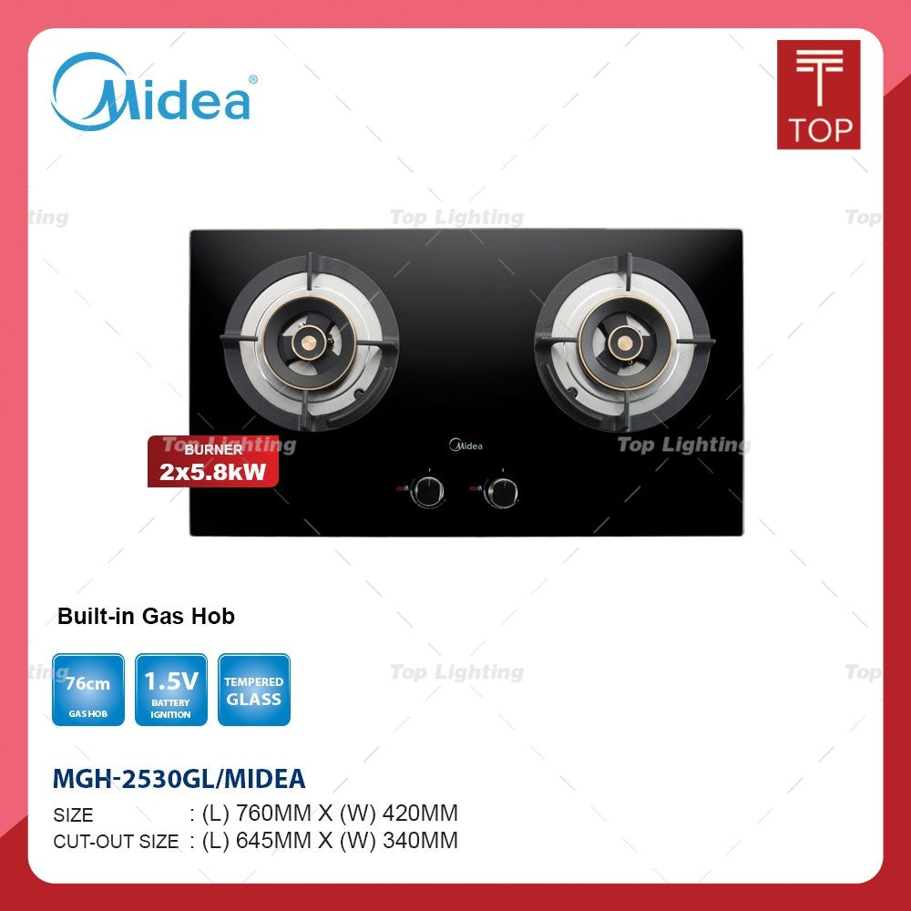 Midea MGH-2530GL 5.8KW Double Burner Built-in Tempered Glass Gas Hob
