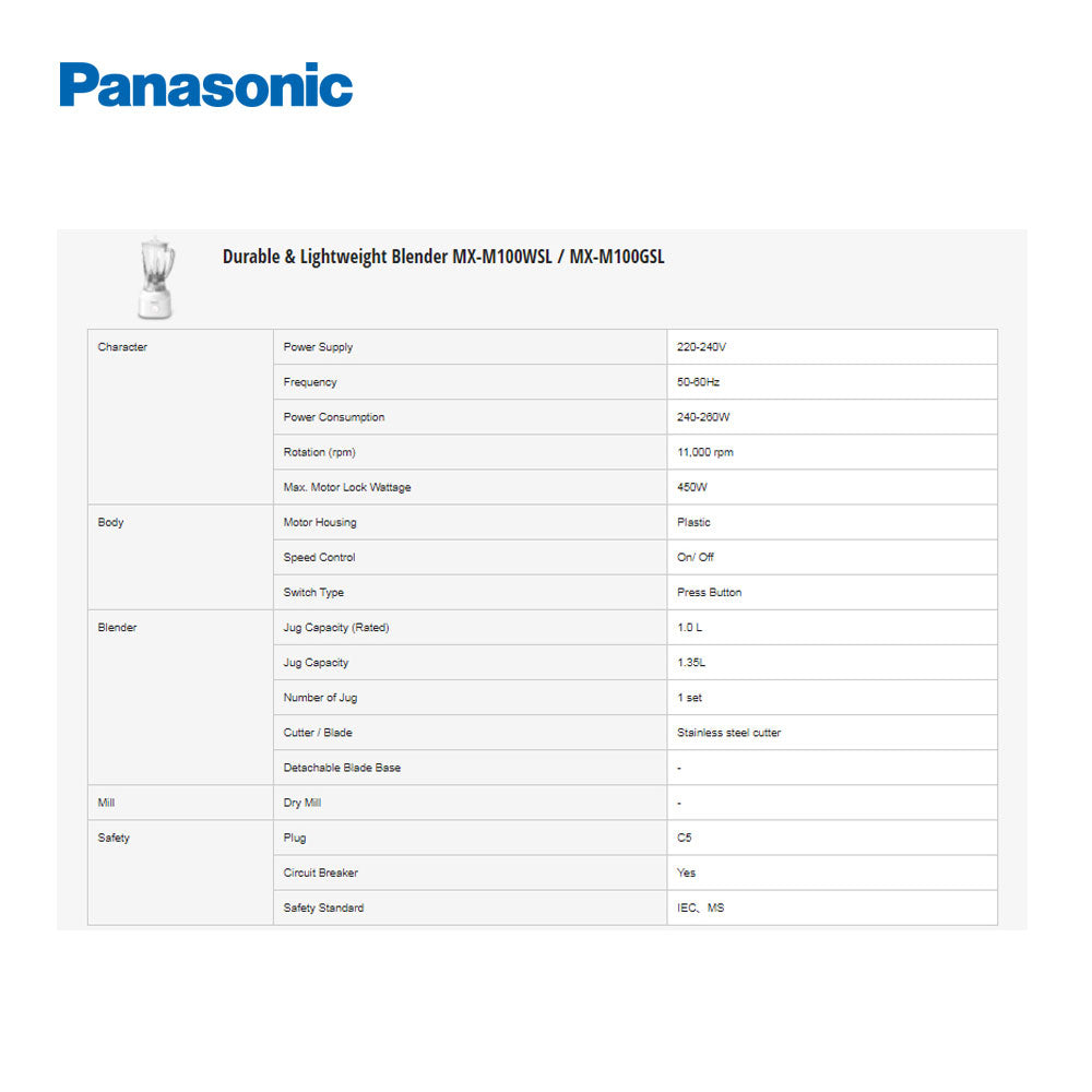 Panasonic MX-M100WSL / MX-M100GSL 1.35L Blender